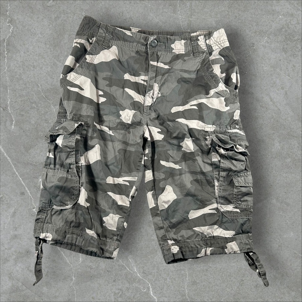 Faded Glory Cargo Shorts Men 32 Grey Camo Multi Pocket Cotton Utility Y2K Grunge